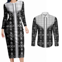 Black Hawaii Paniolo Quilt Motif Couples Matching Long Sleeve Bodycon Dress and Long Sleeve Button Shirt