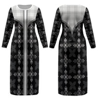 Black Hawaii Paniolo Quilt Motif Couples Matching Long Sleeve Bodycon Dress and Long Sleeve Button Shirt