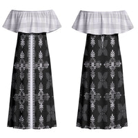 Black Hawaii Paniolo Quilt Motif Couples Matching Off Shoulder Maxi Dress and Hawaiian Shirt