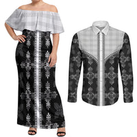 Black Hawaii Paniolo Quilt Motif Couples Matching Off Shoulder Maxi Dress and Long Sleeve Button Shirt