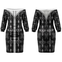 Black Hawaii Paniolo Quilt Motif Couples Matching Off The Shoulder Long Sleeve Dress and Hawaiian Shirt