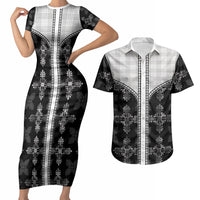 Black Hawaii Paniolo Quilt Motif Couples Matching Short Sleeve Bodycon Dress and Hawaiian Shirt