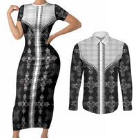 Black Hawaii Paniolo Quilt Motif Couples Matching Short Sleeve Bodycon Dress and Long Sleeve Button Shirt