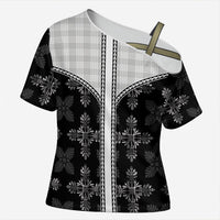 Black Hawaii Paniolo Quilt Motif Cross Shoulder Shirt