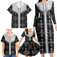 Black Hawaii Paniolo Quilt Motif Family Matching Long Sleeve Bodycon Dress and Hawaiian Shirt