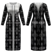 Black Hawaii Paniolo Quilt Motif Family Matching Long Sleeve Bodycon Dress and Hawaiian Shirt
