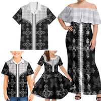 Black Hawaii Paniolo Quilt Motif Family Matching Off Shoulder Maxi Dress and Hawaiian Shirt
