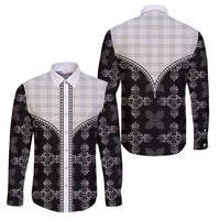 Black Hawaii Paniolo Quilt Motif Family Matching Off Shoulder Maxi Dress and Hawaiian Shirt