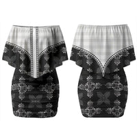 Black Hawaii Paniolo Quilt Motif Family Matching Off Shoulder Short Dress and Hawaiian Shirt