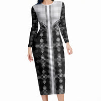 Black Hawaii Paniolo Quilt Motif Long Sleeve Bodycon Dress