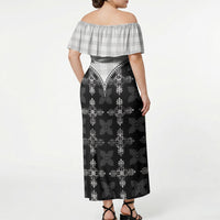 Black Hawaii Paniolo Quilt Motif Off Shoulder Maxi Dress