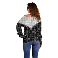 Black Hawaii Paniolo Quilt Motif Off Shoulder Sweater