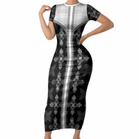 Black Hawaii Paniolo Quilt Motif Short Sleeve Bodycon Dress