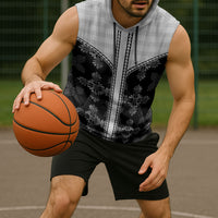 Black Hawaii Paniolo Quilt Motif Sleeveless Hoodie