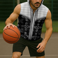Black Hawaii Paniolo Quilt Motif Sleeveless Zip Hoodie