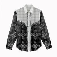 Black Hawaii Paniolo Quilt Motif Women Casual Shirt