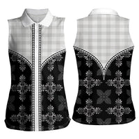 Black Hawaii Paniolo Quilt Motif Women Sleeveless Polo Shirt