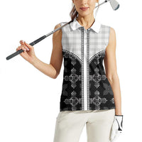 Black Hawaii Paniolo Quilt Motif Women Sleeveless Polo Shirt