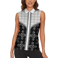 Black Hawaii Paniolo Quilt Motif Women Sleeveless Polo Shirt