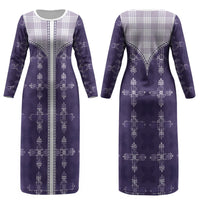 Purple Hawaii Paniolo Quilt Motif Couples Matching Long Sleeve Bodycon Dress and Hawaiian Shirt