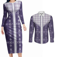 Purple Hawaii Paniolo Quilt Motif Couples Matching Long Sleeve Bodycon Dress and Long Sleeve Button Shirt
