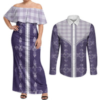 Purple Hawaii Paniolo Quilt Motif Couples Matching Off Shoulder Maxi Dress and Long Sleeve Button Shirt