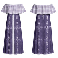 Purple Hawaii Paniolo Quilt Motif Couples Matching Off Shoulder Maxi Dress and Long Sleeve Button Shirt