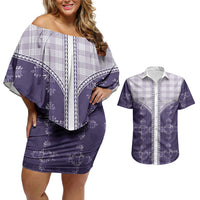 Purple Hawaii Paniolo Quilt Motif Couples Matching Off Shoulder Short Dress and Hawaiian Shirt