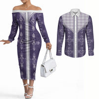 Purple Hawaii Paniolo Quilt Motif Couples Matching Off The Shoulder Long Sleeve Dress and Long Sleeve Button Shirt