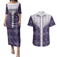 Purple Hawaii Paniolo Quilt Motif Couples Matching Puletasi and Hawaiian Shirt