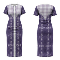 Purple Hawaii Paniolo Quilt Motif Couples Matching Short Sleeve Bodycon Dress and Hawaiian Shirt