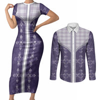 Purple Hawaii Paniolo Quilt Motif Couples Matching Short Sleeve Bodycon Dress and Long Sleeve Button Shirt