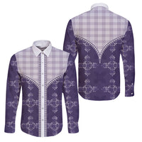 Purple Hawaii Paniolo Quilt Motif Family Matching Off The Shoulder Long Sleeve Dress and Hawaiian Shirt