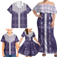 Purple Hawaii Paniolo Quilt Motif Family Matching Off Shoulder Maxi Dress and Hawaiian Shirt