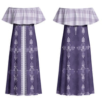 Purple Hawaii Paniolo Quilt Motif Family Matching Off Shoulder Maxi Dress and Hawaiian Shirt