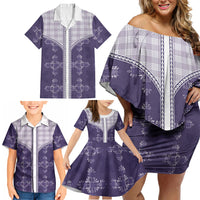 Purple Hawaii Paniolo Quilt Motif Family Matching Off Shoulder Short Dress and Hawaiian Shirt