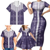 Purple Hawaii Paniolo Quilt Motif Family Matching Short Sleeve Bodycon Dress and Hawaiian Shirt