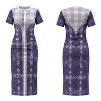 Purple Hawaii Paniolo Quilt Motif Family Matching Short Sleeve Bodycon Dress and Hawaiian Shirt