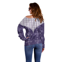 Purple Hawaii Paniolo Quilt Motif Off Shoulder Sweater