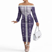Purple Hawaii Paniolo Quilt Motif Off The Shoulder Long Sleeve Dress