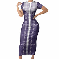 Purple Hawaii Paniolo Quilt Motif Short Sleeve Bodycon Dress