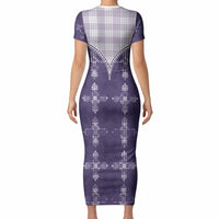 Purple Hawaii Paniolo Quilt Motif Short Sleeve Bodycon Dress