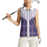 Purple Hawaii Paniolo Quilt Motif Women Sleeveless Polo Shirt