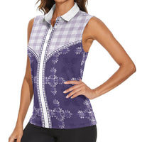 Purple Hawaii Paniolo Quilt Motif Women Sleeveless Polo Shirt