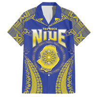 Personalised Niue The Rock Of Polynesia Family Matching Off Shoulder Short Dress and Hawaiian Shirt Peniamina Gospel Day Blue Version