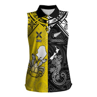 Custom New Zealand Maori And Niue Hiapo Women Sleeveless Polo Shirt Lizard And Coconut Crab Together
