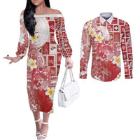 Tonga Christmas Couples Matching Off The Shoulder Long Sleeve Dress and Long Sleeve Button Shirt Kilisimasi Fiefia Retro Style Red - Polynesian Pride