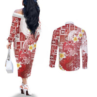 Tonga Christmas Couples Matching Off The Shoulder Long Sleeve Dress and Long Sleeve Button Shirt Kilisimasi Fiefia Retro Style Red - Polynesian Pride