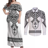 Personalised Melanesian Brotherhood Couples Matching Off Shoulder Maxi Dress and Long Sleeve Button Shirt With Tribal Pattern LT05 White - Polynesian Pride