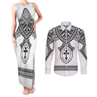 Personalised Melanesian Brotherhood Couples Matching Tank Maxi Dress and Long Sleeve Button Shirt With Tribal Pattern LT05 White - Polynesian Pride